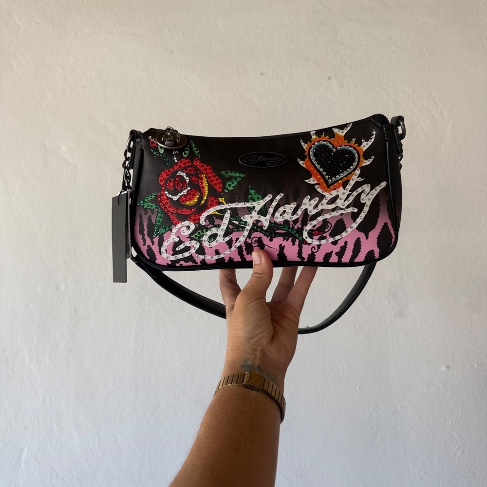 Ed Hardy Rose Heart‎ Rhinestone Y2K Shoulder Crossbody Bag NWT